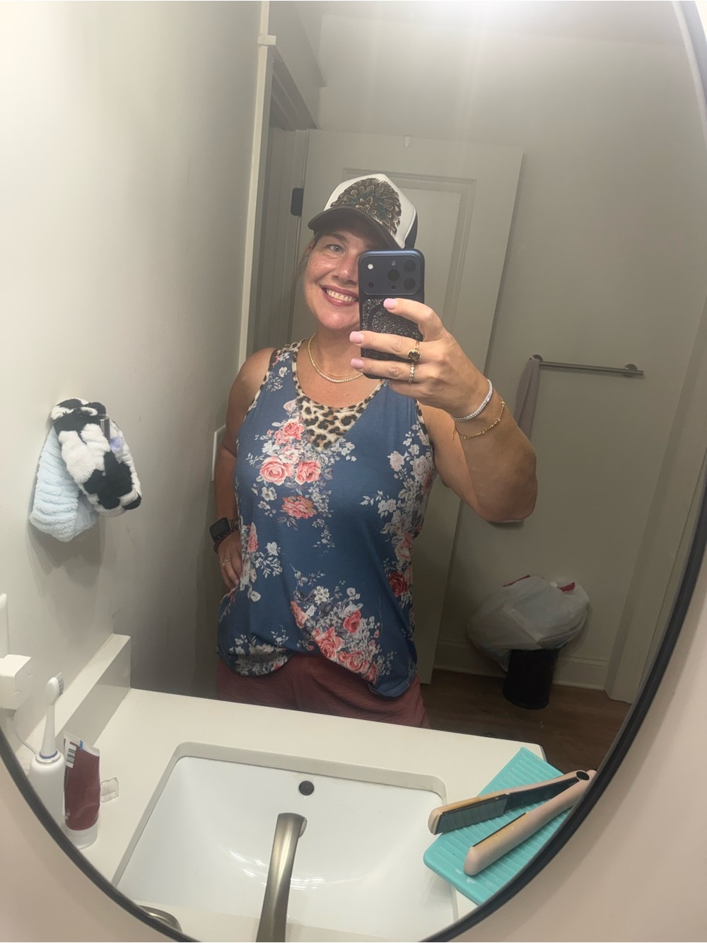 Avery Blue Floral Tank with Leopard Trim